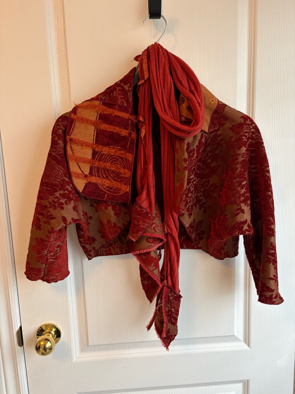 Red Textured Cropped Blazer with Draped Scarf Detail